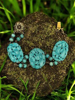 Art Deco Chinese Export Carved Turquoise Bracelet